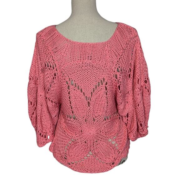 Vintage Chaudry KC Floral Open Knit Boho Crochet Sweater Pink - Picture 2 of 11